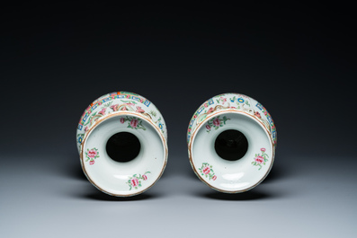A pair of Chinese Canton famille rose vases with duck-shaped handles, 19th C.