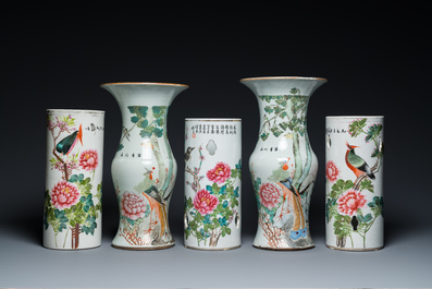 Three Chinese qianjiang cai hat stands and a pair of 'gu' vases, 19/20th C.