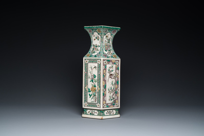 A Chinese hexagonal verte biscuit vase, 19th C.