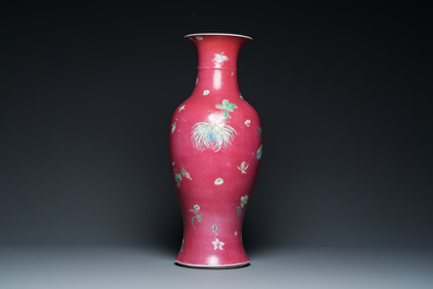 A Chinese famille rose ruby sgraffito-ground vase, Qianlong mark, Republic