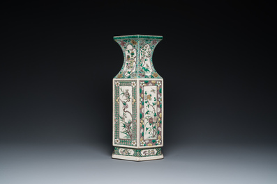 A Chinese hexagonal verte biscuit vase, 19th C.