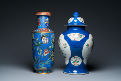 A Chinese famille verte powder-blue-ground vase and a cloisonn&eacute; rouleau vase, 19th C.