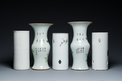 Three Chinese qianjiang cai hat stands and a pair of 'gu' vases, 19/20th C.