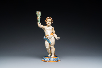 Sculpture d'un jeune homme debout en c&eacute;ramique polychrome, Espagne ou France, 18/19&egrave;me