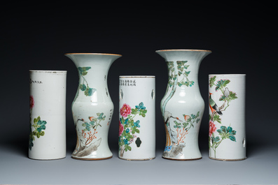 Three Chinese qianjiang cai hat stands and a pair of 'gu' vases, 19/20th C.