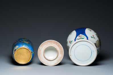 A Chinese famille verte powder-blue-ground vase and a cloisonn&eacute; rouleau vase, 19th C.