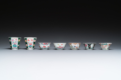 Seven Chinese famille rose cups and saucers, Yongzheng/Qianlong