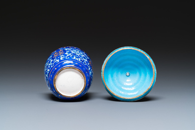 A Chinese blue-ground Canton enamel covered bowl on stand, Qianlong