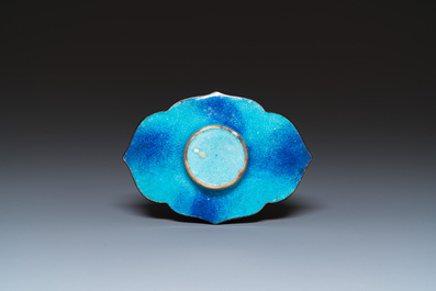 A Chinese blue-ground Canton enamel covered bowl on stand, Qianlong