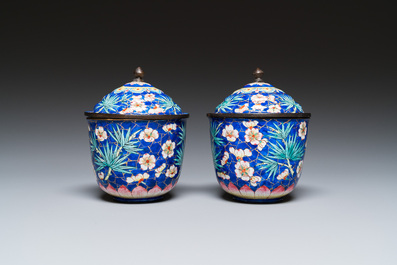 A pair of Chinese blue-ground Canton enamel covered bowls on stands, Qianlong
