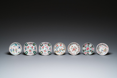 Sept tasses et soucoupes en porcelaine de Chine famille rose, Yongzheng/Qianlong
