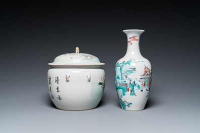 A Chinese doucai vase and a qianjiang cai bowl and cover, 19/20th C.