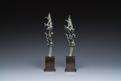 A pair of Khmer bronze ornaments showing dancing Apsaras in Bayon-style, Cambodia, Angkor period, 13th C.