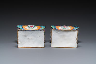 A pair of rare Chinese Canton enamel 'double eagle' vases, Yongzheng