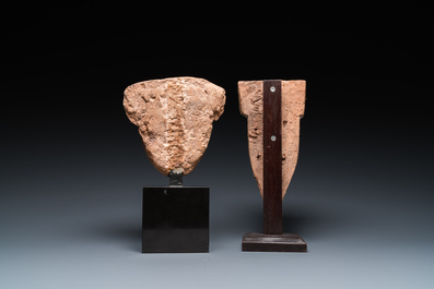 An Egyptian wooden sarcophagus mask and a sandstone head, Late period and Saite period