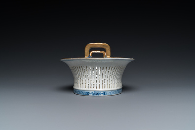 A Chinese blue and white pierced basket on stand, Qianlong