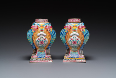 A pair of rare Chinese Canton enamel 'double eagle' vases, Yongzheng