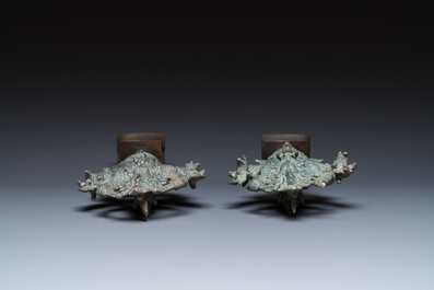 A pair of Khmer bronze ornaments showing dancing Apsaras in Bayon-style, Cambodia, Angkor period, 13th C.