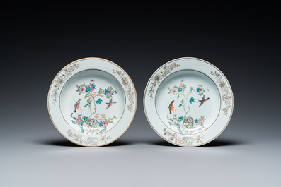 A pair of Chinese famille rose 'magpie and peonies' dishes, Yongzheng/Qianlong
