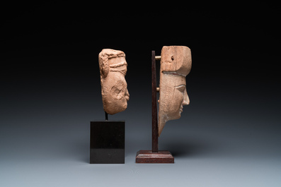 Un masque de sarcophage en bois sculpt&eacute; et une t&ecirc;te en calcaire sculpt&eacute;, Egypte, Basse &eacute;poque et p&eacute;riode sa&iuml;te