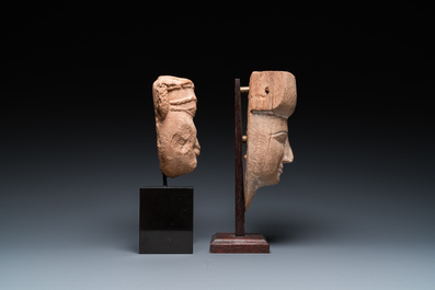 An Egyptian wooden sarcophagus mask and a sandstone head, Late period and Saite period