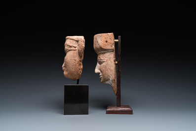 An Egyptian wooden sarcophagus mask and a sandstone head, Late period and Saite period
