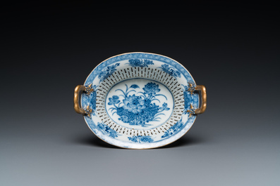 A Chinese blue and white pierced basket on stand, Qianlong