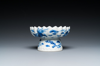 A Chinese blue and white bottle vase, a tazza and a pair of famille rose cups and saucers, Kangxi and later