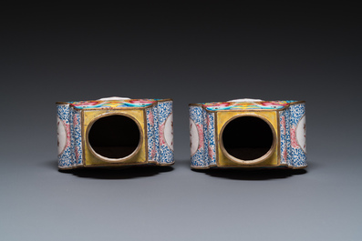 A pair of rare Chinese Canton enamel 'double eagle' vases, Yongzheng