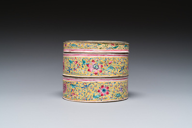A Chinese yellow-ground Canton enamel stacking box and cover, Qianlong
