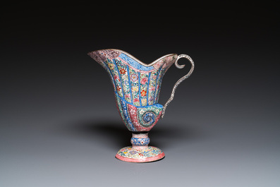 A Chinese Canton enamel helm-shaped ewer with shell-shaped basin, Yongzheng/Qianlong