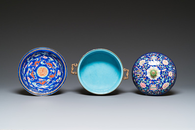 A Chinese Canton enamel three-piece warming bowl, Qianlong