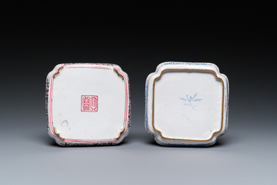 Three Chinese Canton enamel cups and two saucers, Qianlong