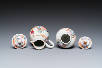 A Chinese famille rose 'mandarin subject' jug with cover and a tea caddy, Qianlong