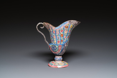 A Chinese Canton enamel helm-shaped ewer with shell-shaped basin, Yongzheng/Qianlong