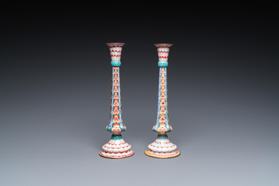 A pair of Chinese Canton enamel 'lotus' candlesticks, Yongzheng