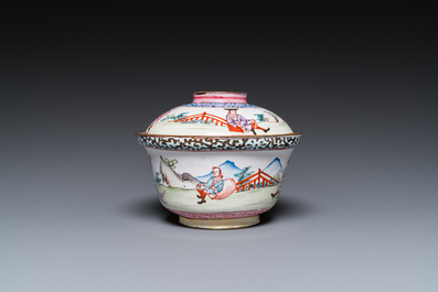 A Chinese Canton enamel 'foreigners' bowl and cover, Yongzheng