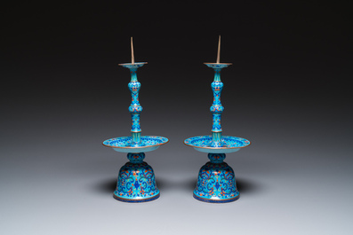 A pair of Chinese light-blue-ground Canton enamel candlesticks, Yongzheng