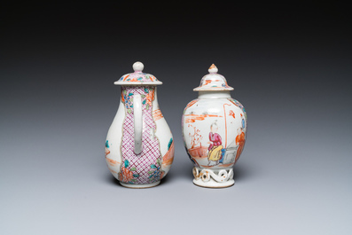 Een Chinese famille rose dekselkan en een theebus met mandarijns decor, Qianlong