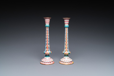 A pair of Chinese Canton enamel 'lotus' candlesticks, Yongzheng