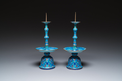 A pair of Chinese light-blue-ground Canton enamel candlesticks, Yongzheng