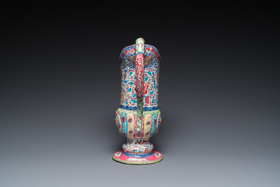 A Chinese Canton enamel helm-shaped ewer with shell-shaped basin, Yongzheng/Qianlong