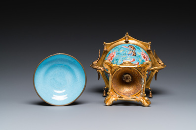 A Chinese Canton enamel bowl and cover with fine gilt bronze mount, Jiaqing