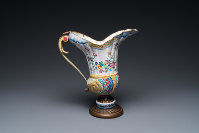 A Chinese Canton enamel helm-shaped ewer with shell-shaped basin, Qianlong