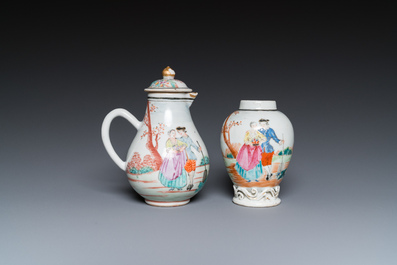 Een fijne Chinese famille rose melkkan en theebus met Europees decor, Qianlong