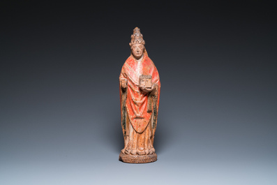 Een gepolychromeerde notelaren sculptuur van Paus Nicolaas V, Noord-Frankrijk, 15e eeuw