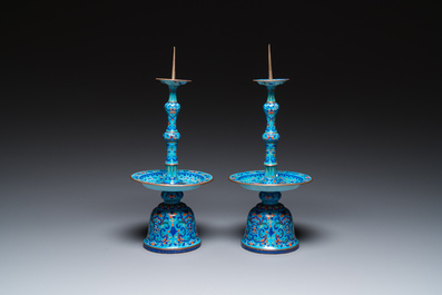 A pair of Chinese light-blue-ground Canton enamel candlesticks, Yongzheng