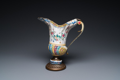 A Chinese Canton enamel helm-shaped ewer with shell-shaped basin, Qianlong