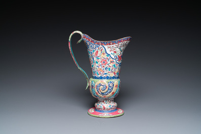 A Chinese Canton enamel helm-shaped ewer with shell-shaped basin, Yongzheng/Qianlong