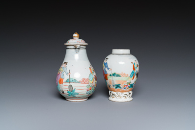 A Chinese famille rose 'European subject' milk jug and tea caddy, Qianlong